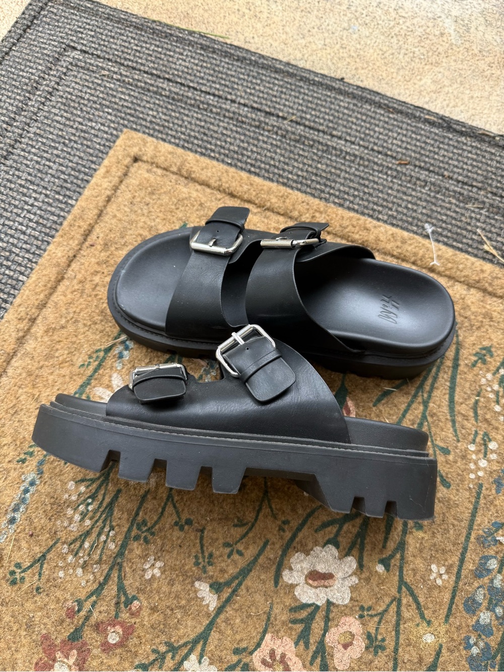 H&M Black Double-Buckle Lug Sole Slide Sandals